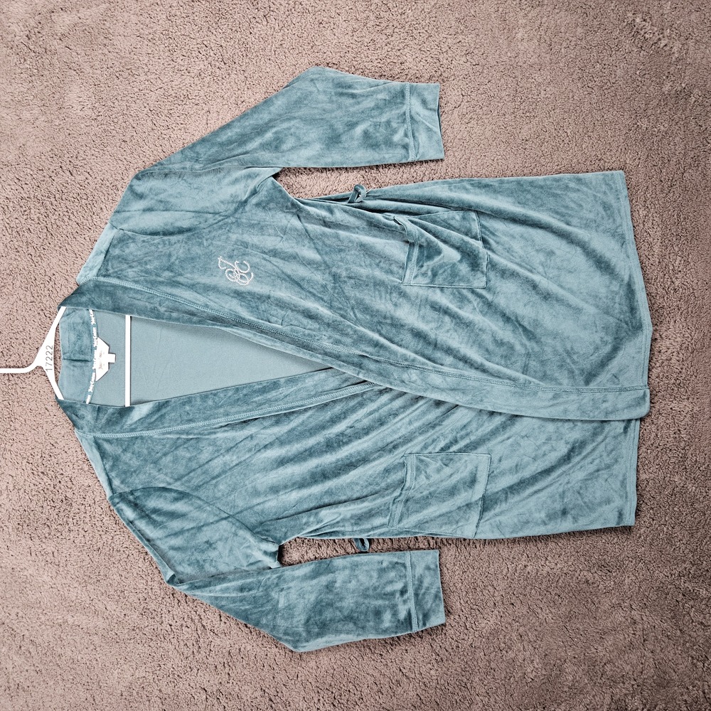 Juicy Couture Robe Womens L/XL Teal Velvet Belted Monogrammed Luxe Cozy